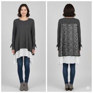 Simply Vera Vera Wang Gray Layered Lace Back Top Womens Size Large Tunic Chic